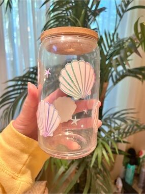 Iridescent Shell Glass Storage Jar with Bamboo Lid no straw